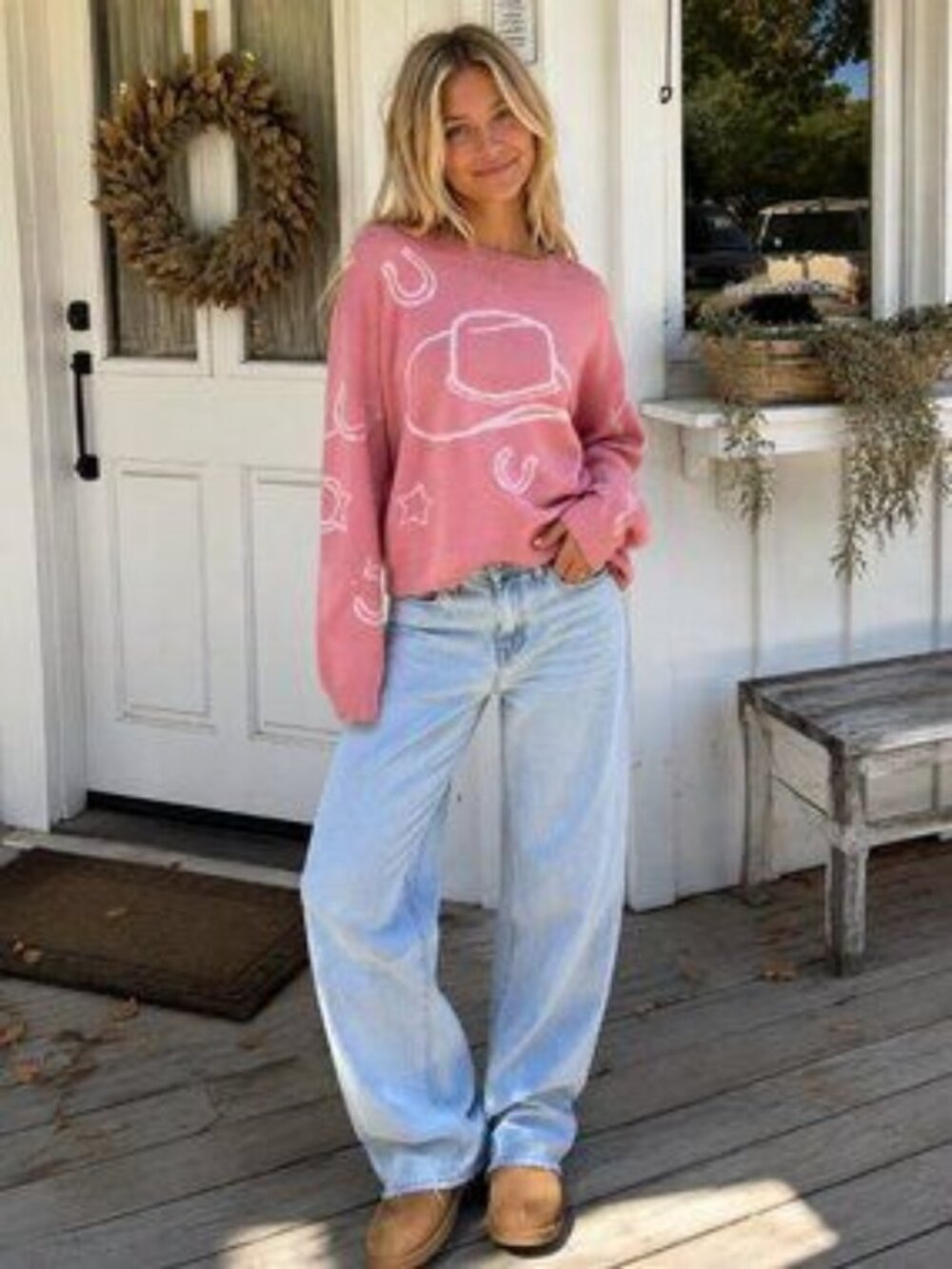 Miss Sparkling Pink Western Cowboy Hat Horseshoe Graphic Sweater Cowgirl Knit